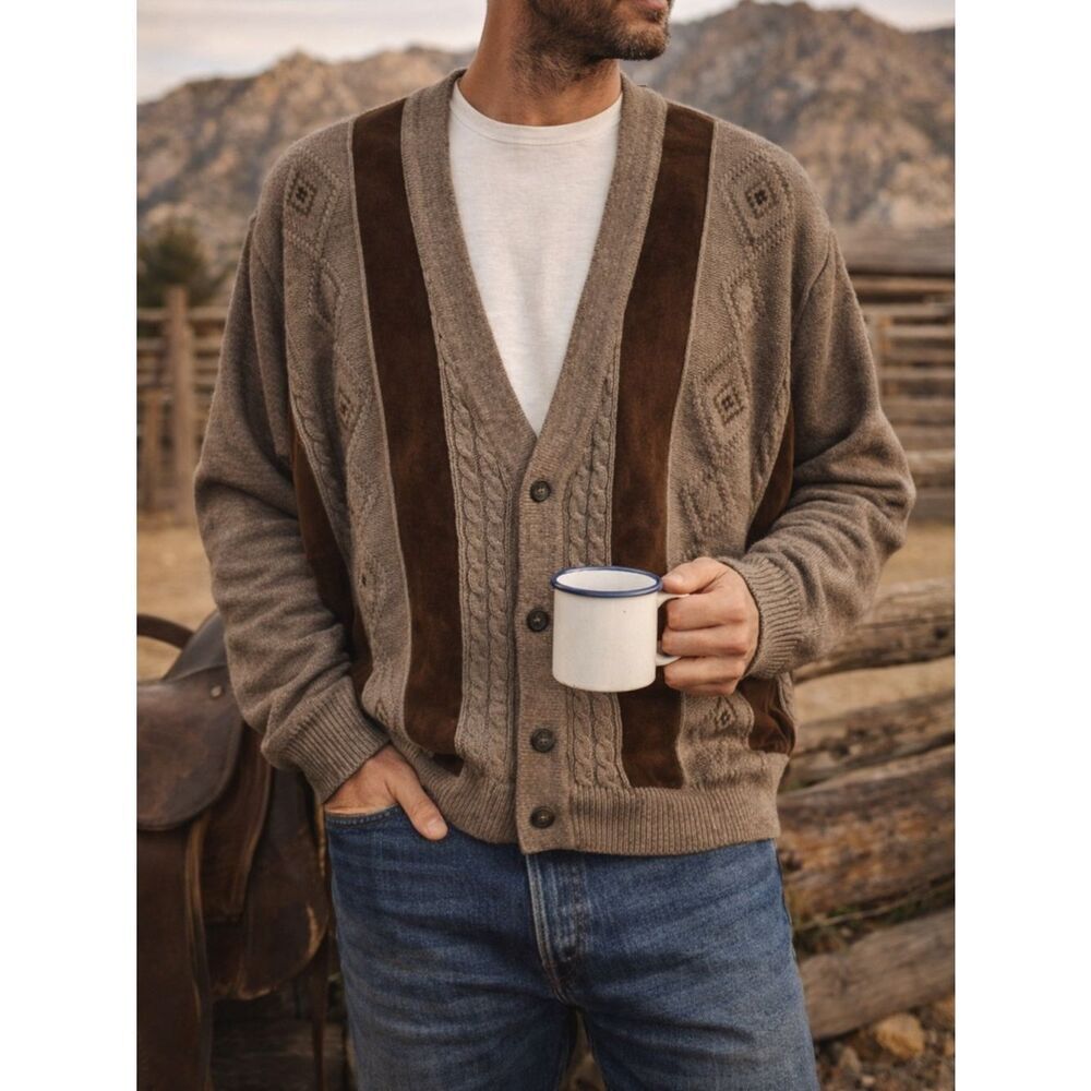 Italian Wool Leather Panel Cardigan Western Ranch Vintage Norm Thompson